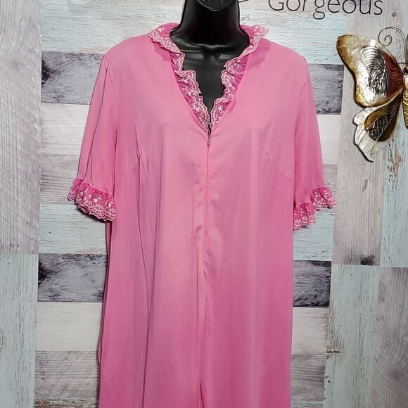 Vintage Rose Pink Sz M JCPenney Loungewear Zip Front Lace Trim Gown Robe 225 - Picture 1 of 8